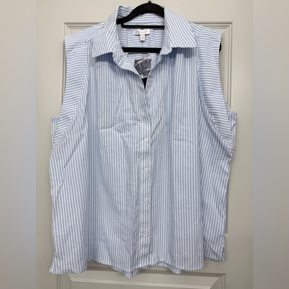 Crown & Ivy Blue and White Striped Sleeveless Blouse